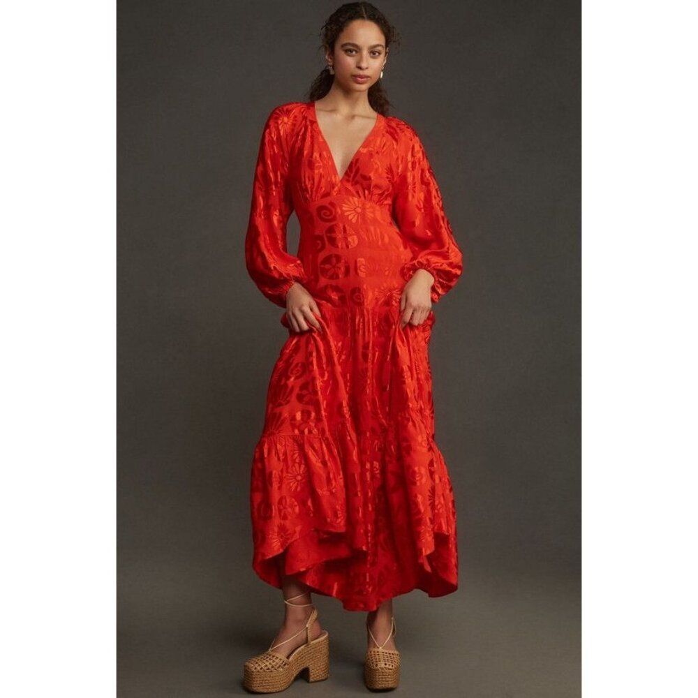 NWT Farm Rio Long-Sleeve V-Neck Jacquard Maxi Dress NEW Size Large Satin